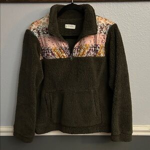 Lucky Brand Olive Sherpa Pullover with Floral Detail